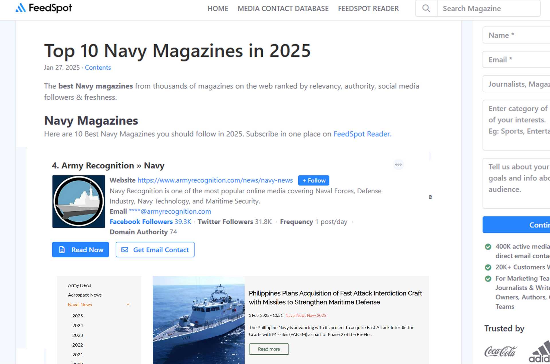 Naval Section of Army Recognition 被 Feedspot 评为前五名海军防御网站