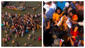 无人机镜头显示，卡特里娜在 Kumbh snan 期间被寻求自拍的人群包围