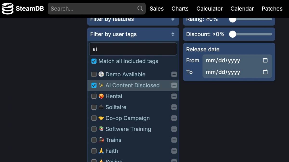SteamDB 让您在 Steam 上筛选出 Gen AI PC 游戏