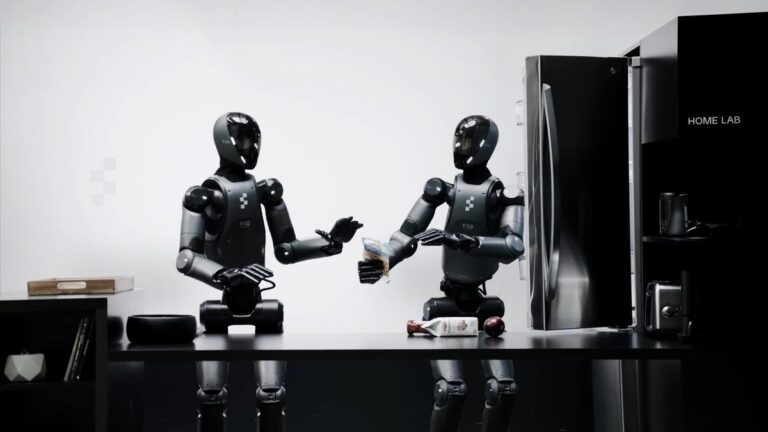 这些类人机器人协同工作，运行相同的 AI