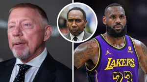 鲍里斯·贝克尔 （Boris Becker） 被 AI 生成的勒布朗·詹姆斯 （LeBron James） 对与体育记者斯蒂芬·史密斯 （Stephen A. Smith） 的激烈对抗做出反应的视频所吸引