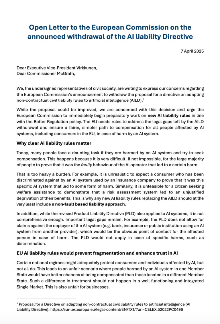 公民社会联合公开信 关于撤销 AI 责任指令