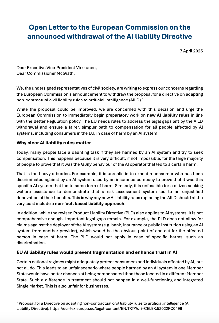 公民社会联合公开信 关于撤销 AI 责任指令