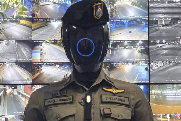 泰国推出机械战警风格的“AI 警察机器人 1.0”警官，以增强泼水节的安全性
