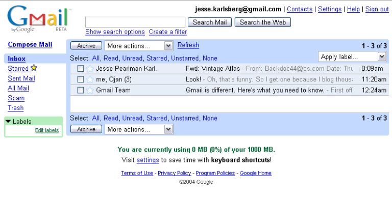 当 Gmail 测试版于 2004 年首次亮相时，它提供了多少免费存储空间？