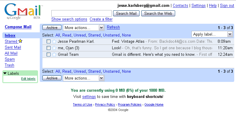 当 Gmail 测试版于 2004 年首次亮相时，它提供了多少免费存储空间？