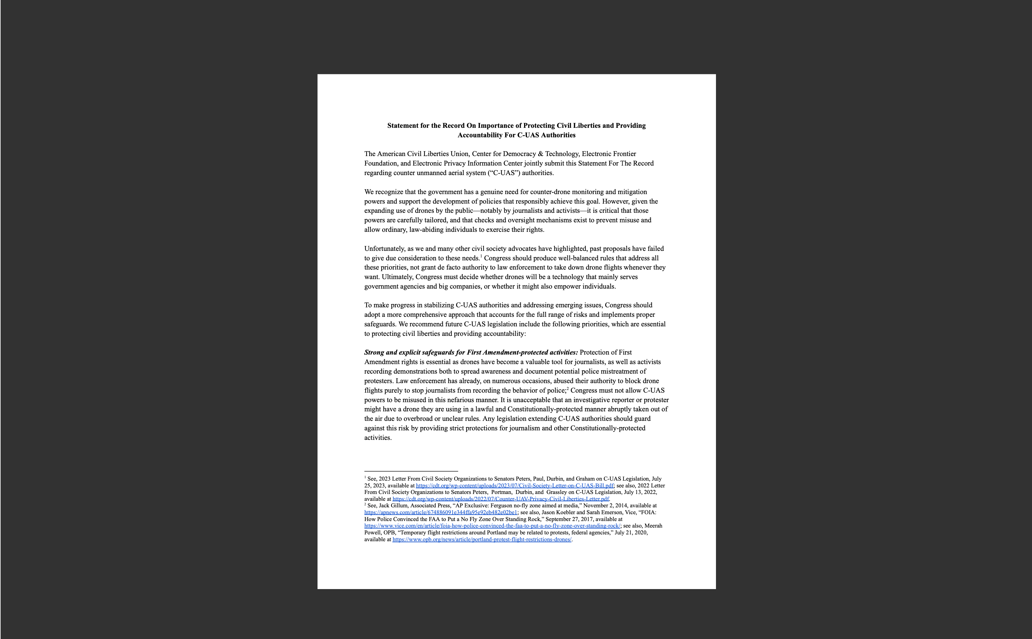 CDT 倡导保护公民自由的反无人机当局