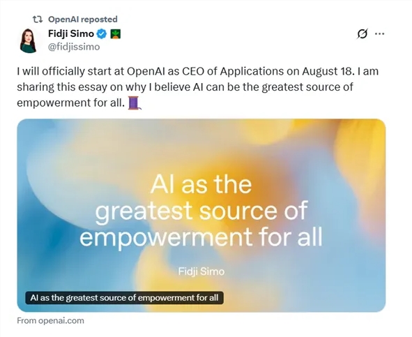 Fidji Simo 担任OpenAI新部门CEO 探索AI生活应用潜力