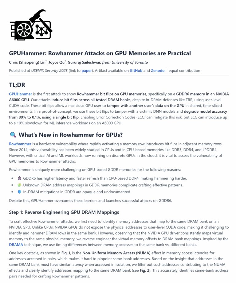 GPUHammer 对 NVIDIA GDDR6 的攻击:破坏 AI 模型
