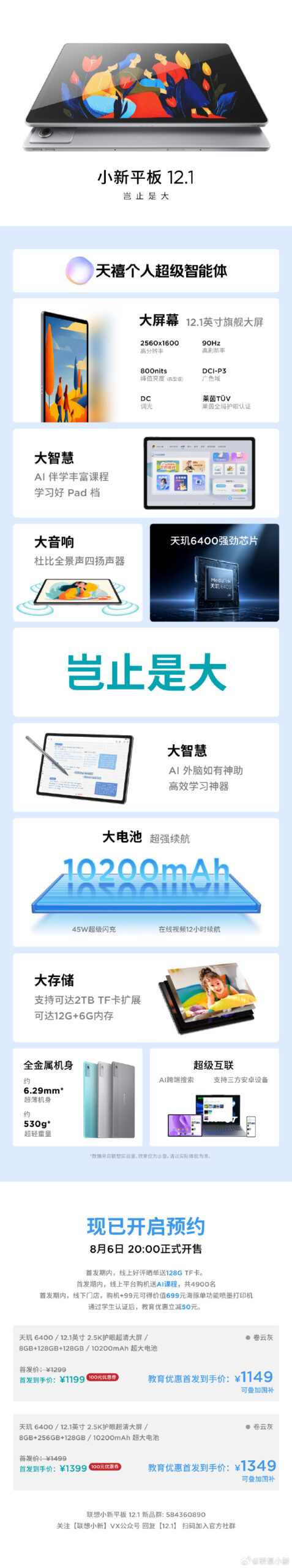 联想小新平板12.1发布：天玑6400芯片，1199元起售