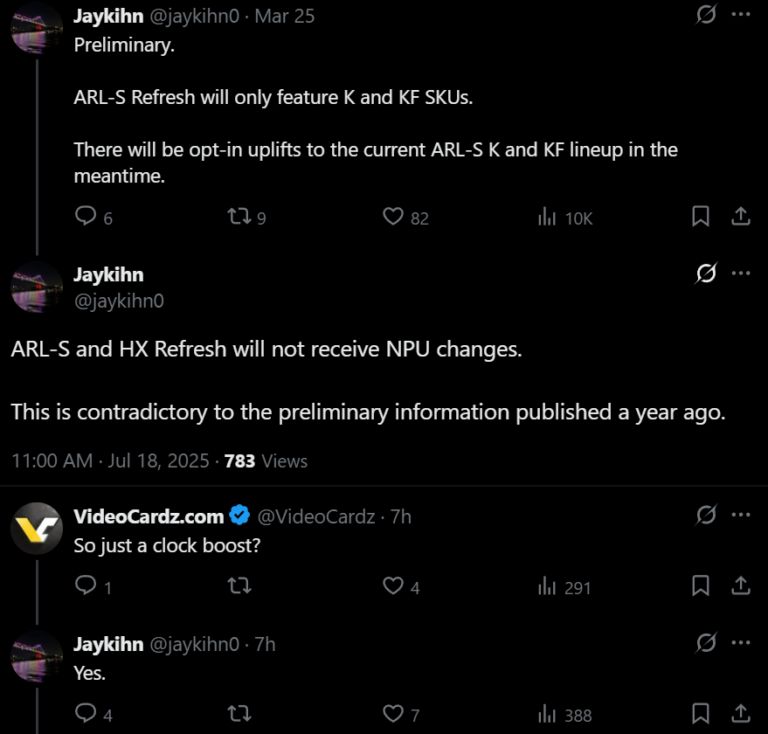 英特尔 Arrow Lake-S Refresh 处理器仅提升频率 不升级 NPU4