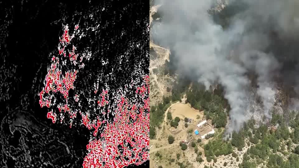 无人机热成像显示野火在阿尔巴尼亚蔓延