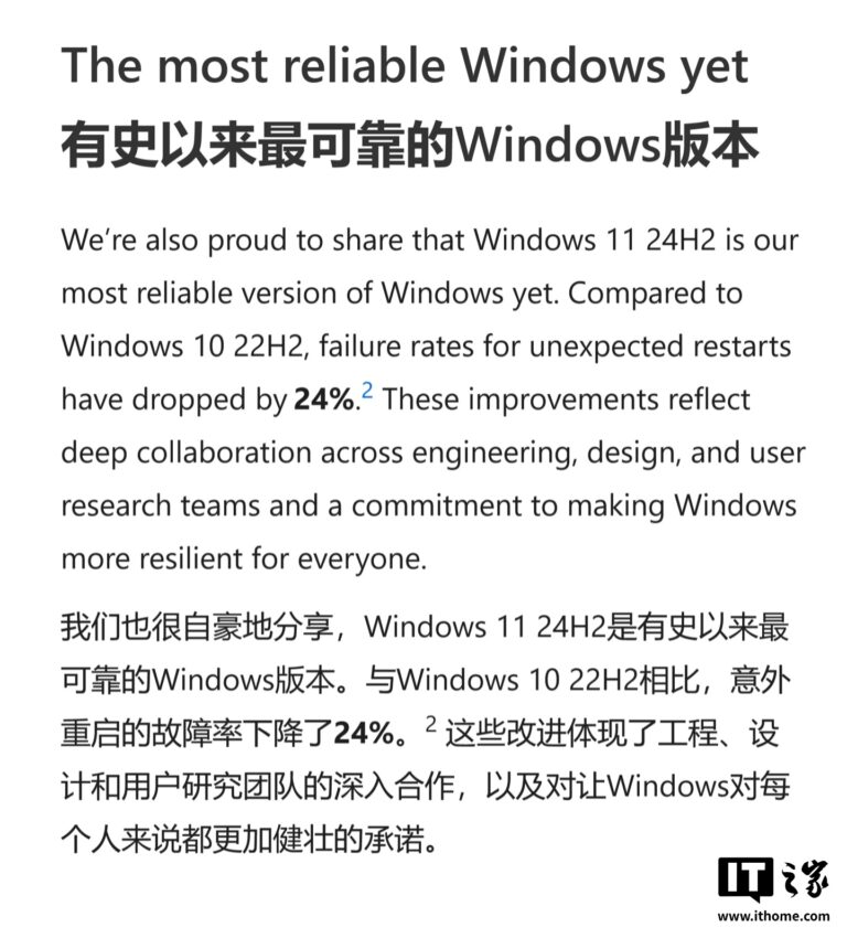 微软称Win11 24H2是最稳Windows版本