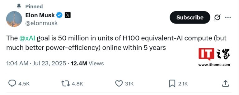 马斯克公布 xAI 五年算力目标：相当于 5000 万块英伟达 H100 GPU