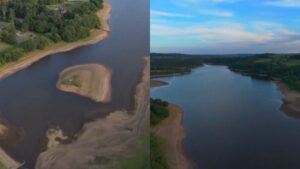 无人机镜头显示，随着西米德兰兹郡宣布干旱，斯塔福德郡水库的水位较低