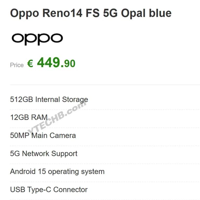 OPPO Reno14 FS 5G 曝光：5000万主摄 12+512GB版售450欧元