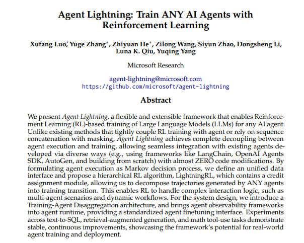 微软发布Agent Lightning框架，可训练任何AI代理系统