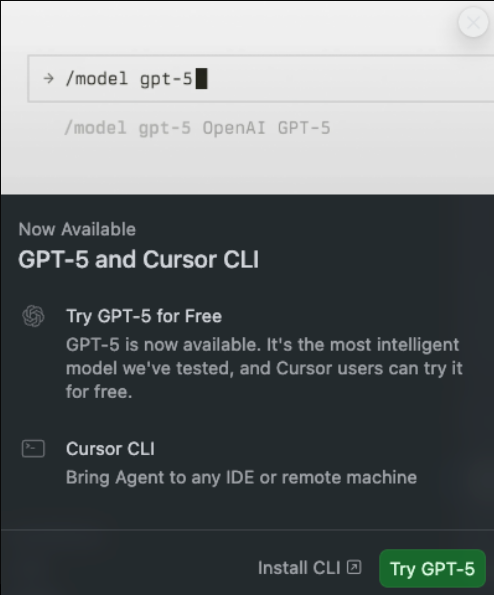 Cursor限时免费提供GPT-5支持，推出全新CLI工具