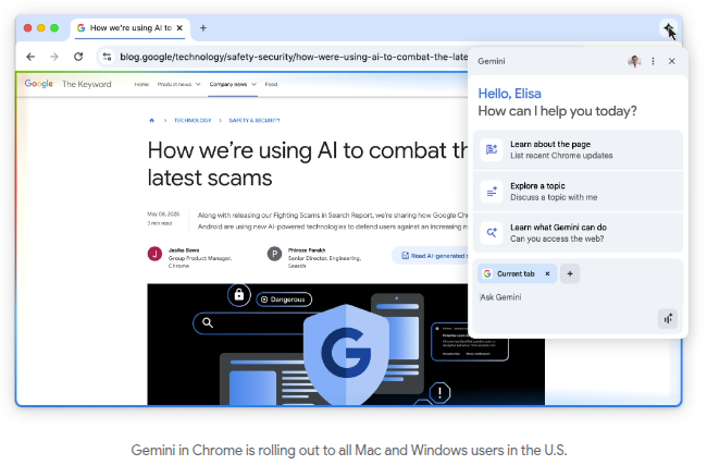 谷歌将Chrome浏览器升级为AI原生，集成Gemini助手