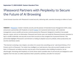 1Password联手Perplexity推Comet浏览器，强化AI安全体验