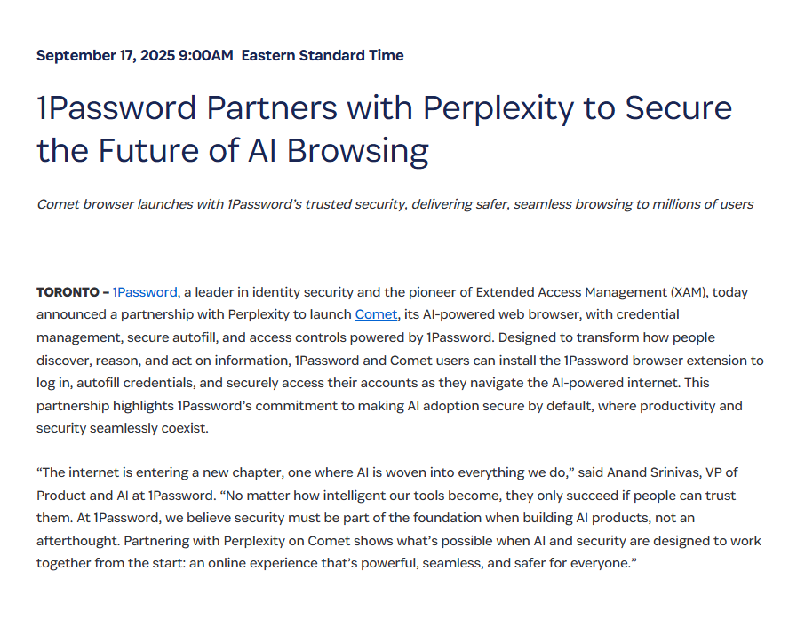 1Password联手Perplexity推Comet浏览器，强化AI安全体验
