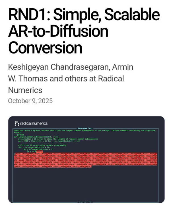 Radical Numerics开源30B参数RND1，AI自我进化关键一步