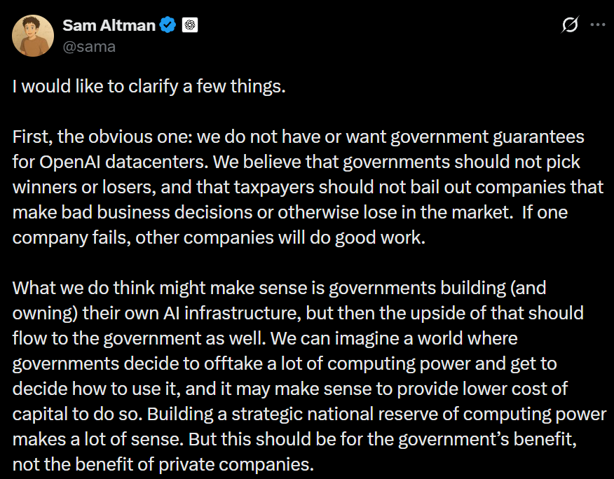 OpenAI澄清未求政府担保，美股科技股应声下跌